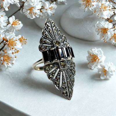 Jugendstil Ring Onyx Markasit 925 Silber Navette Handarbeit Unikat