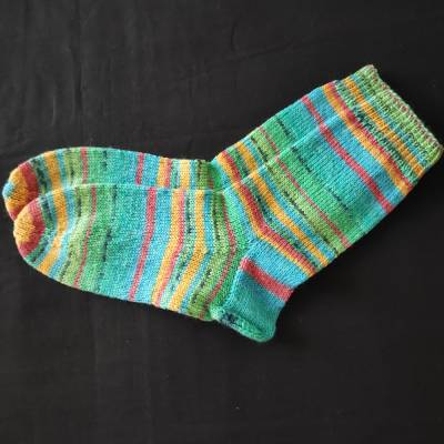 Handgestrickte Socken Gr.40/41  Türkis/Grün/Gelb/Rot