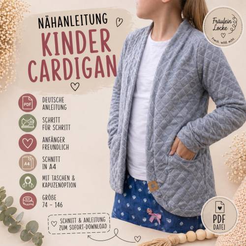 Schnittmuster Kinder Cardigan 74–146 | Jacke nähen mit Kapuze oder Bündchen | PDF Nähanleitung | Anfänger
