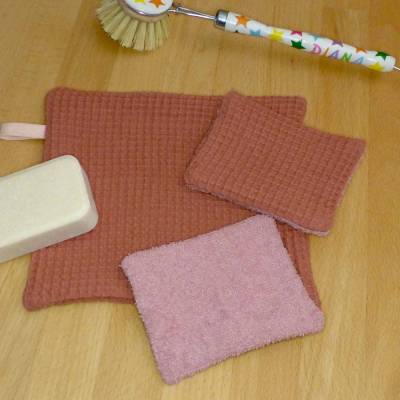 Spültuch und Spülschwämme aus Waffelstoff und Frottee aus Biobaumwolle, Handarbeit