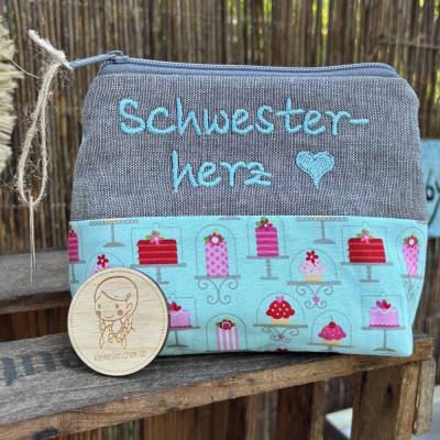 Schwesterherz // Schminktasche // Kosmetiktasche // Geschenk // Schminktäschchen // Kulturbeutel helltürkis