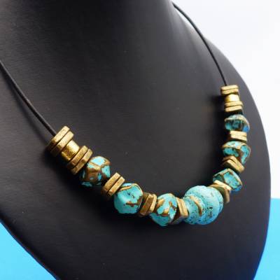 Halskette, türkis bronze, Lederkette, Collier, Statementkette, Keramikperlen, Handmade, Schmuck