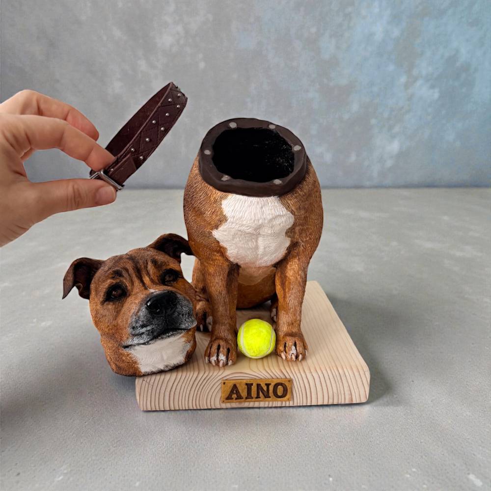Personalisierte Hundeurne mit Skulptur nach Fotovorlage  Handgefertigte  Tierurne (200ml), Individuelles Tierportrait