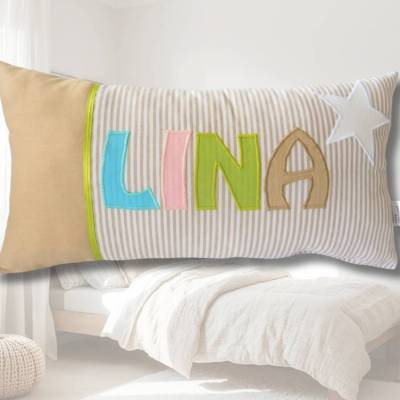 individualisierbares Namens-Kissen 20x40 cm – Beige Pastellfarben perfekte Geschenkidee