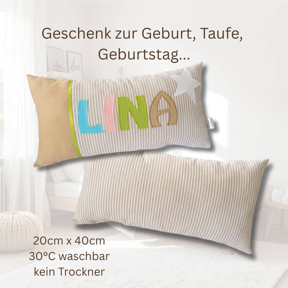 individualisierbares Namens-Kissen 20x40 cm – Beige Pastellfarben perfekte Geschenkidee