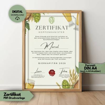 Zertifikat Bierkapitän 2026 Urkunde,| Geschenk für Männer, Vatertag, Junggesellenabschied, JGA, Geburtstag, Party-Dekora