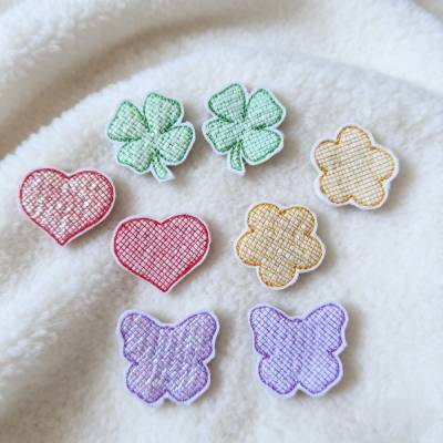 Stickdatei Streudeko / Tischdeko mit Blume, Herz, Schmetterling und Kleeblatt Mylar Folie Set 2687