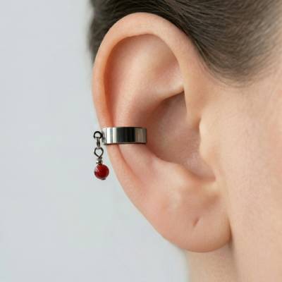 Ohrmanschette Edelstahl mit Achat rot, Ear Cuff ohne Ohrloch, Ohrclip silber breit, Ohrschmuck zum Klemmen, Conch