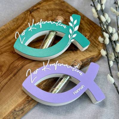 Geldgeschenk Konfirmation Fisch mit Reagenzglas – optional mit Name, personalisiertes 3D-Druck Geschenk