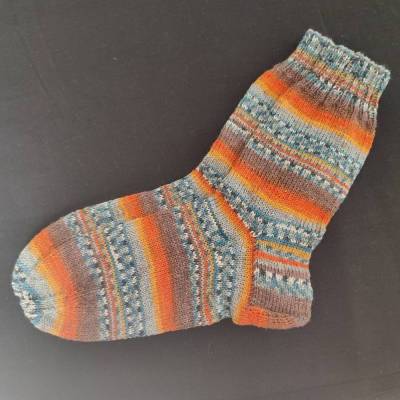 Handgestrickte Socken Gr.42/43 Braun/Orange/Grau/Ocker/Blau