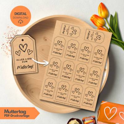 Alles Liebe zum Muttertag-Etiketten Druckvorlage, Muttertags-Anhänger zum Ausdrucken DIN A4 PDF, Beste Mama Geschenkidee