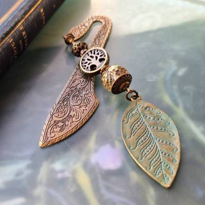 Buchzeichen Baum und Blatt  großes Patina Bronze Lesezeichen Jade Perlen Luxus Geschenk zum Buch LZB-AB-11