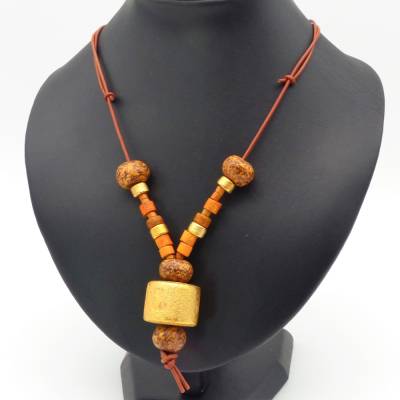 Keramikkette Mix, gold braun, Halskette aus Keramikperlen, Lederkette, Schiebeknoten, Keramikschmuck, Boho Style
