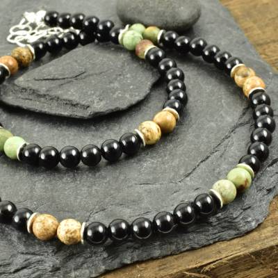 Onyxkette – Männerkette mit Jaspis, Opal und 925er Silber, Edelsteinkette dezent, Geschenk für Ehemann schwarze Kette