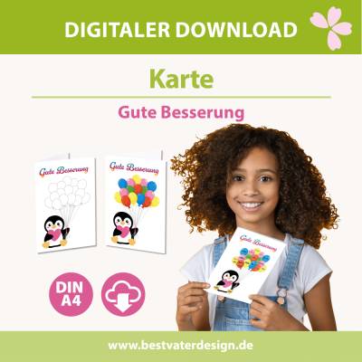 Druckvorlage Pinguin Karte - Gute Besserung, Genesungskarte, Karte von Klasse, Fingerabdruck, digitaler Download, PDF