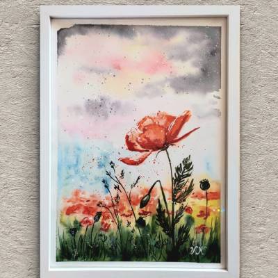 21x30 cm - Handgemaltes Aquarellgemälde im Rahmen - Mohnblume - Rot - Sommerwiese - Unikat - Blumen Wandbild original