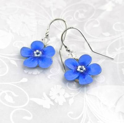 Vergissmeinnicht Ohrringe Polymer Clay Sterlingsilber lange Ohrringe mit blauen Blumen Preciosa Kristall