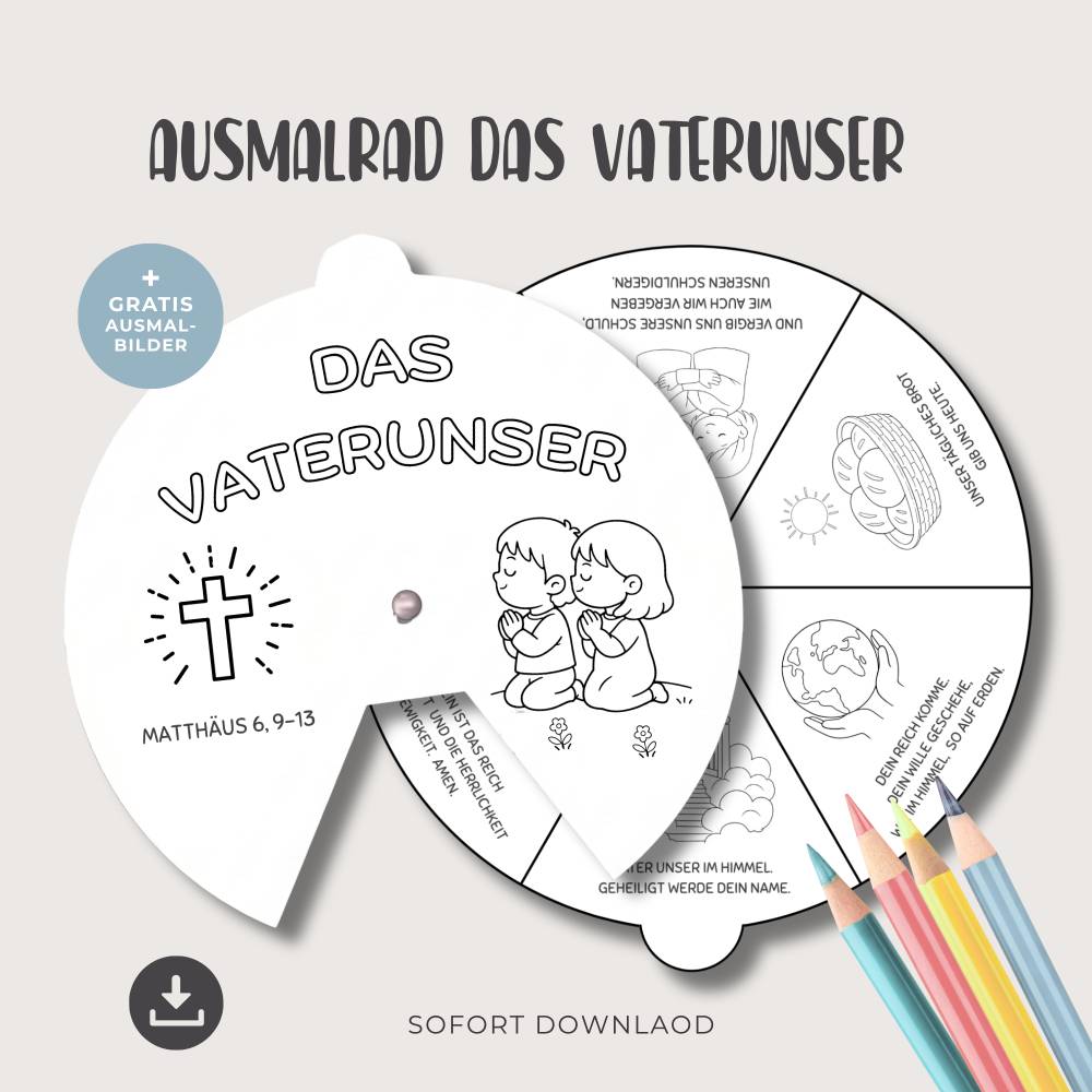 Vaterunser Ausmalrad druckbar,  Kindergottesdienst Aktivität, Bibelunterricht Kinder Malblätter, Religionsunterricht Bild 1