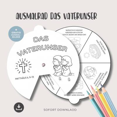 Vaterunser Ausmalrad druckbar,  Kindergottesdienst Aktivität, Bibelunterricht Kinder Malblätter, Religionsunterricht 