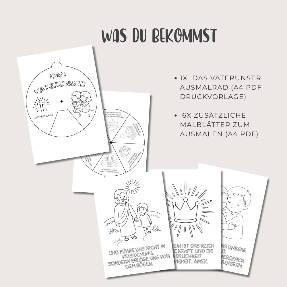 Vaterunser Ausmalrad druckbar,  Kindergottesdienst Aktivität, Bibelunterricht Kinder Malblätter, Religionsunterricht Bild 2