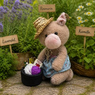 Bärino Schweinchen Isabella mit Strickkorb 13  cm  Künstlerbär