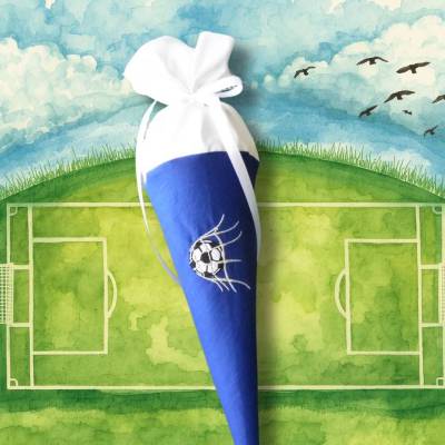 Geschwistertüte blau-weiß – Fußball-Kindergartentüte, personalisierbar, bestickt für Fußballfans, Geschenk Verein