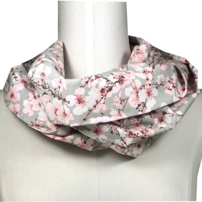 Schlauchschal grau Kirschblüte rosa-Loop weiß-Geschenk Geburtstag-Schal Damen beste Kollegin-Muttertag