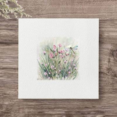LIBELLE AUF BLUMENWIESE Miniatur Kunstdruck auf Büttenpapier, Aquarell Wandbild Geschenkidee, Minibild im Landhausstil