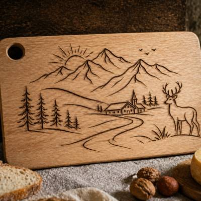 Alpen Landschaft SVG Datei | Berge Hirsch Kirche Wald | Minimalistische Lasergravur Vorlage | PNG PDF Cricut xTool