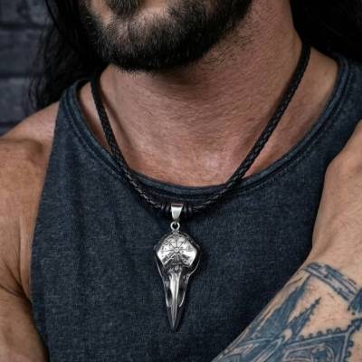 Lederkette Herren Edelstahl Rabe Schädel – schwarze Halskette Männerschmuck