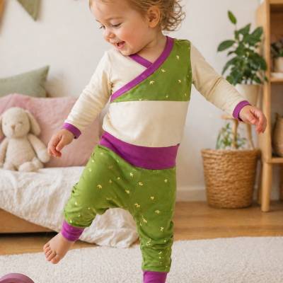  Baby Set Gr. 80/86 – Shirt & Hose handgemacht – Gelb Grün mit lila Bündchen – bequeme Babykleidung