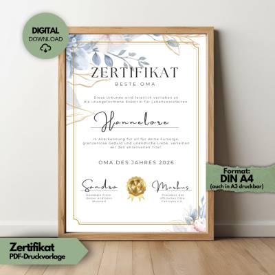 Zertifikat Beste Oma - Oma des Jahres, lustige Urkunde Geschenkidee für Großmutter zum Ausdrucken Geschenk zum Muttertag