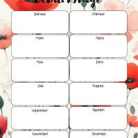 Geburtstagskalender, roter Mohn, pdf A4 zum selbst ausdrucken, weiß