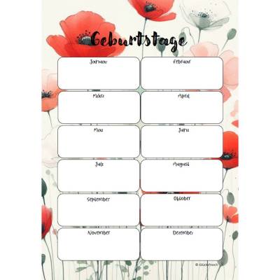 Geburtstagskalender, roter Mohn, pdf A4 zum selbst ausdrucken, weiß
