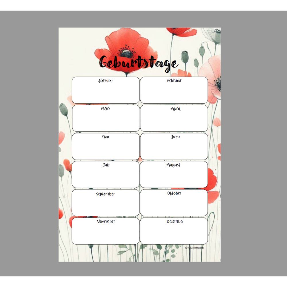 Geburtstagskalender, roter Mohn, pdf A4 zum selbst ausdrucken, weiß Bild 2