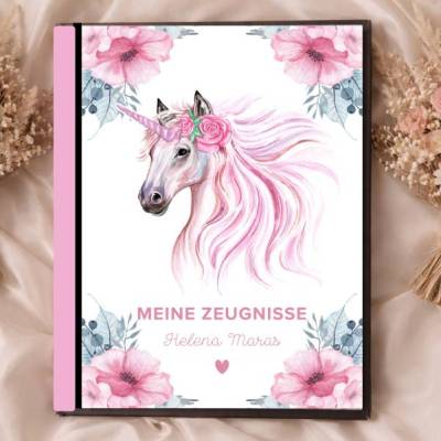 Süße Zeugnismappe für Mädchen | Personalisiert | Einhorn - Motiv | Einschulung & Schulanfang Geschenk | 26-60