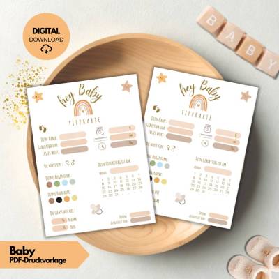 Baby Shower Tippkarten Vorlage PDF Hey Baby Ratespiel Karten zum Ausdrucken, Baby Party Spiel Printable, Gender Reveal
