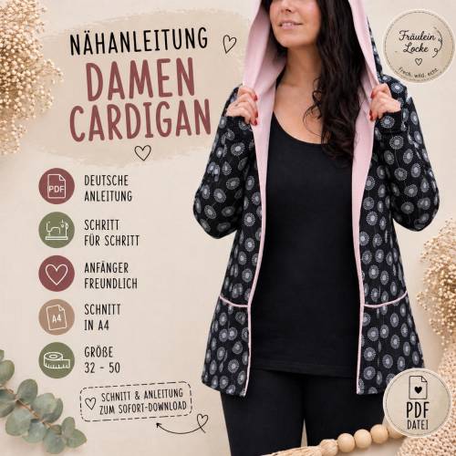 Schnittmuster Damen Cardigan | Größen 32–50 | Kapuze oder Bündchen | Einfaches Nähprojekt | A4 A0 Beamer | Nähanleitung