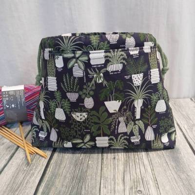 Strickbeutel, Projektbeutel, Kinchaku Beutel, Handarbeitstasche, Wollbeutel blau grün Pflanzen