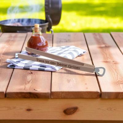 Personalisierte Holzgrillzange mit Flaschenöffner