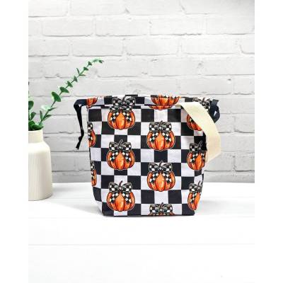 Halloween Projekttasche Checkered Pumpkin | Strickbeutel mit Kordelzug | Projektbeutel für Wolle & Strickzeug