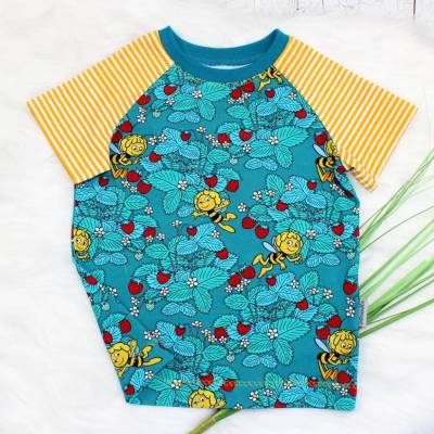 Biene Maja Erdbeerfeld kurzam T-Shirt, Raglanshirt, Sommershirt, Kindershirt, petrol, gelb, Gr. 86, 92, 98, 104, 110