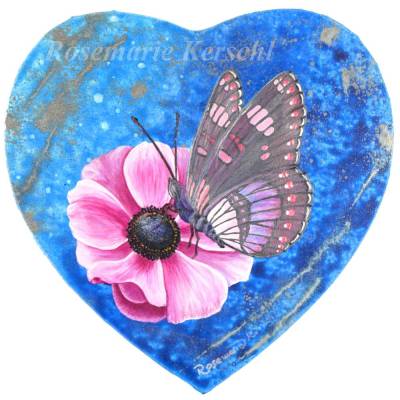 Herzförmiges Acrylbild Unikat – Anemone & Schmetterling, handgemalt, 29 x 28 cm, Geschenkidee