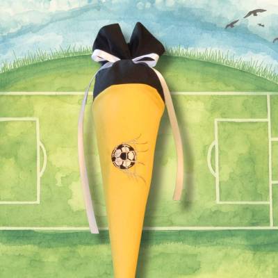 Geschwistertüte gelb schwarz – Fußball-Kindergartentüte, personalisierbar, bestickt für Fußballfans, Geschenk Verein
