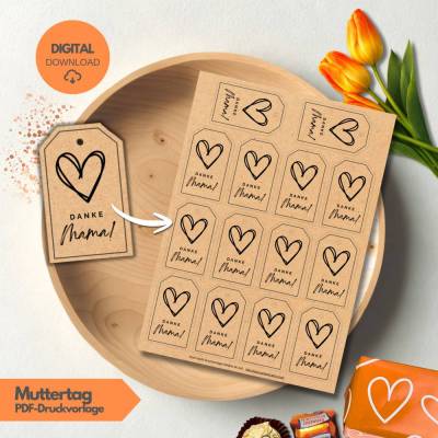 Danke-Mama Etiketten Druckvorlage, Muttertags-Anhänger zum Ausdrucken DIN A4 PDF, Beste Mutter Geschenkidee DIY, digital
