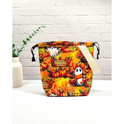 Halloween Projekttasche „Pumpkin Patch Ghost“ – Handgemachter Strickbeutel