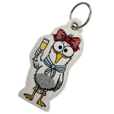 Schlüsselanhänger Möwe mit Sektglas / Gestickt / Taschenbaumler / Stickerei / Geschenkidee / Junggesellenabschied