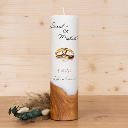 Hochzeitskerze mit Holz -  Motiv Ringe - individuelle Fertigung - Für die Hochzeit - Geschenk zur Hochzeit - Holzkerze