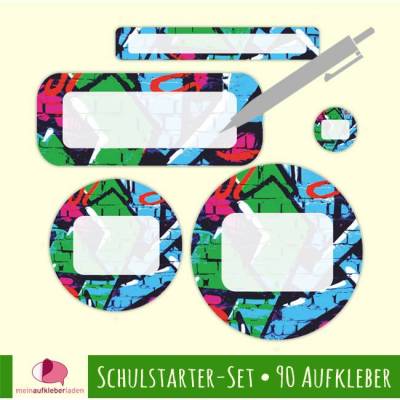 Schulstarter-Set Graffiti – 90 wasserfeste, PVC-freie Namensaufkleber zum Selbstbeschriften für Kinder