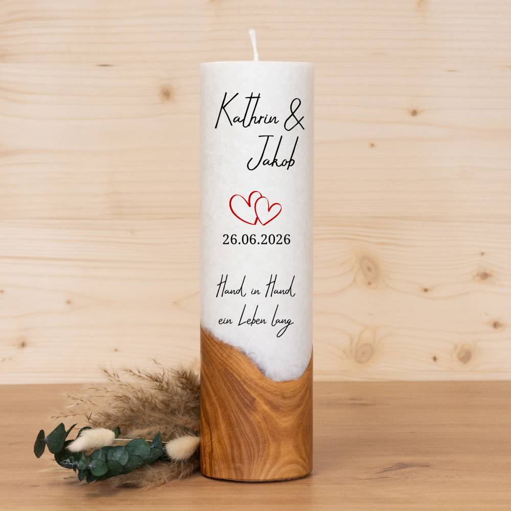 Hochzeitskerze mit Holz - Herzen - individuelle Fertigung - Für die Hochzeit - Geschenk zur Hochzeit